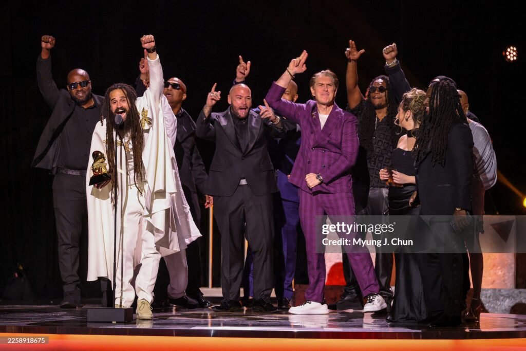 Keznamdi (Second from left) accepts the Best Reggae Album award for "BLXXD & FYAH" at the 2026 Grammy Awards Pre-Show (Premiere Ceremony) held at the Peacock Theater in Los Angeles, CA, Sunday, Feb. 1, 2026.